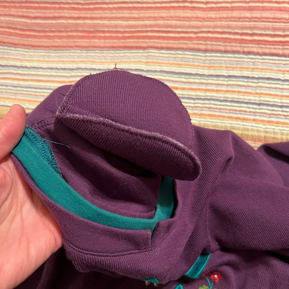 KORET Womens Purple Emerald Green Trim Embroidered‎ Leaf Floral Sweatshirt Large - Picture 5 of 6